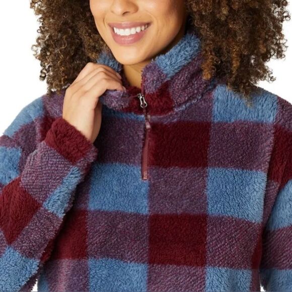 Eddie Bauer Blue and Burgundy Checked Plush Quarter Zip - Picture 2 of 8
